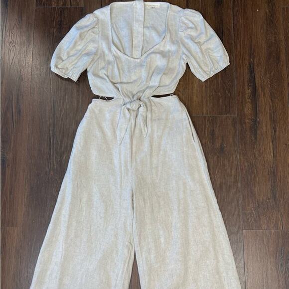 Faded Floral Promesa Oatmeal Wide Leg Jumpsuit SZ MED - Picture 4 of 8